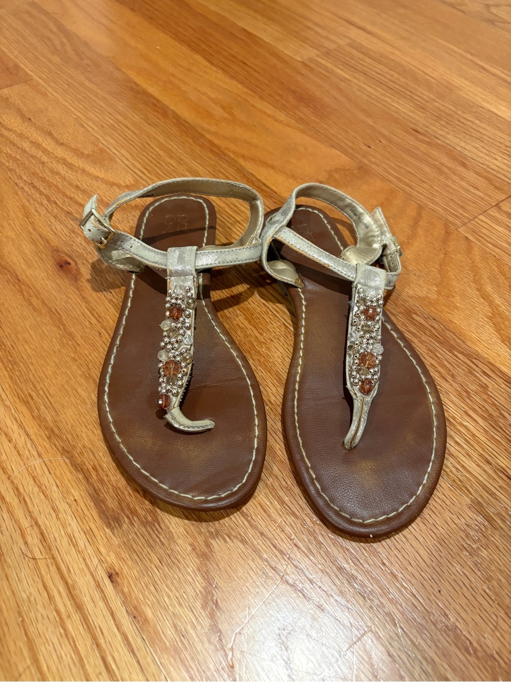 New York & Company Metallic Gold T-Strap Sandals with Crystal Accents